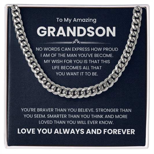 Cuban link chain necklace gift for amazing grandson with inspirational message, "You're Braver than You Believe," on display card.