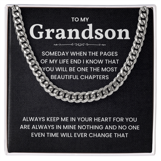 Gift box with Cuban link chain necklace for grandson, featuring heartfelt message about life's beautiful chapters.