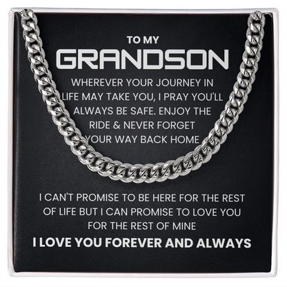 Cuban link chain necklace with 'To My Grandson - I Love You Forever and Always' engraving, ideal gift for birthdays and holidays.