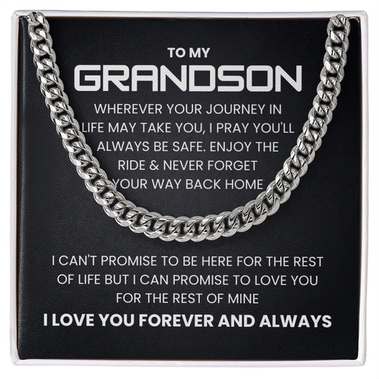 Cuban link chain necklace with 'To My Grandson - I Love You Forever and Always' engraving, ideal gift for birthdays and holidays.