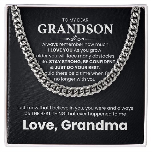 Cuban Link Chain Necklace with a loving message to grandson, ideal gift in polished stainless steel or 14K gold, adjustable fit.