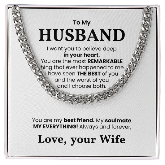 Cuban link chain necklace gift for husband with heartfelt message from wife, perfect for birthdays and special occasions.