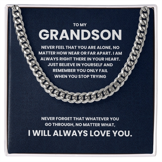 To My Grandson Cuban Link Chain Necklace with inspirational message in polished stainless steel gift box