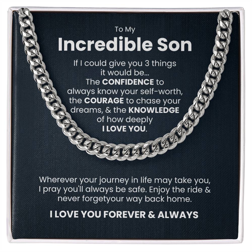 Cuban link chain with sentimental message for son's strength and style, gift option in stainless steel or 14K gold.