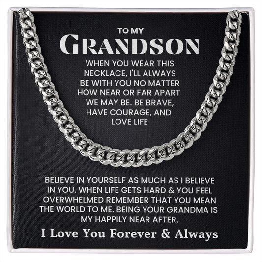 Cuban Link Chain Necklace for Grandson with inspirational message in polished stainless steel.
