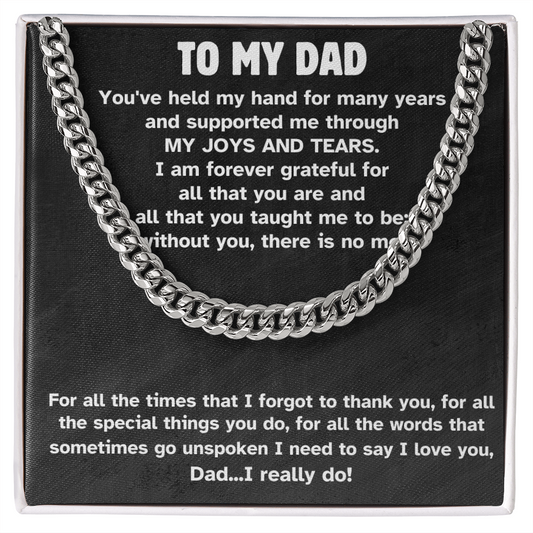 Cuban link chain necklace with heartfelt message for Dad, perfect for gifts. Available in stainless steel or 14K gold. Adjustable and stylish.
