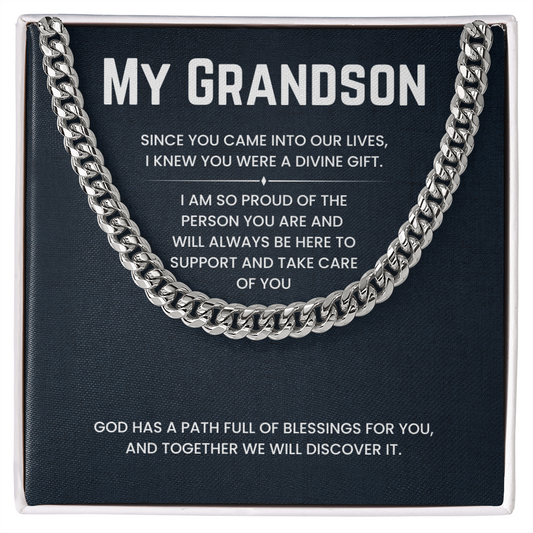 Cuban Link Chain Necklace with sentimental message for grandson, perfect for birthdays and holidays, in polished steel or 14K gold.