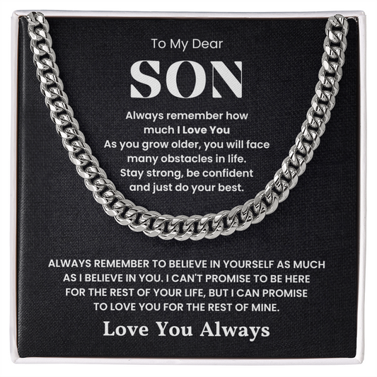 Cuban link chain necklace with heartfelt message "To My Dear Son - Love You Always" engraved on black background gift box.