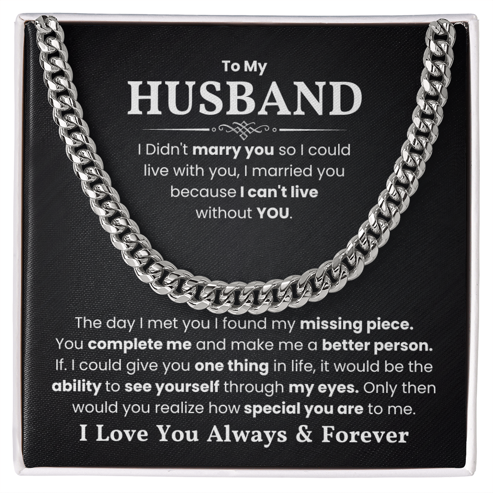 Cuban Link Chain Necklace with engraved message for husband, perfect gift for any occasion in stainless steel or 14K yellow gold.