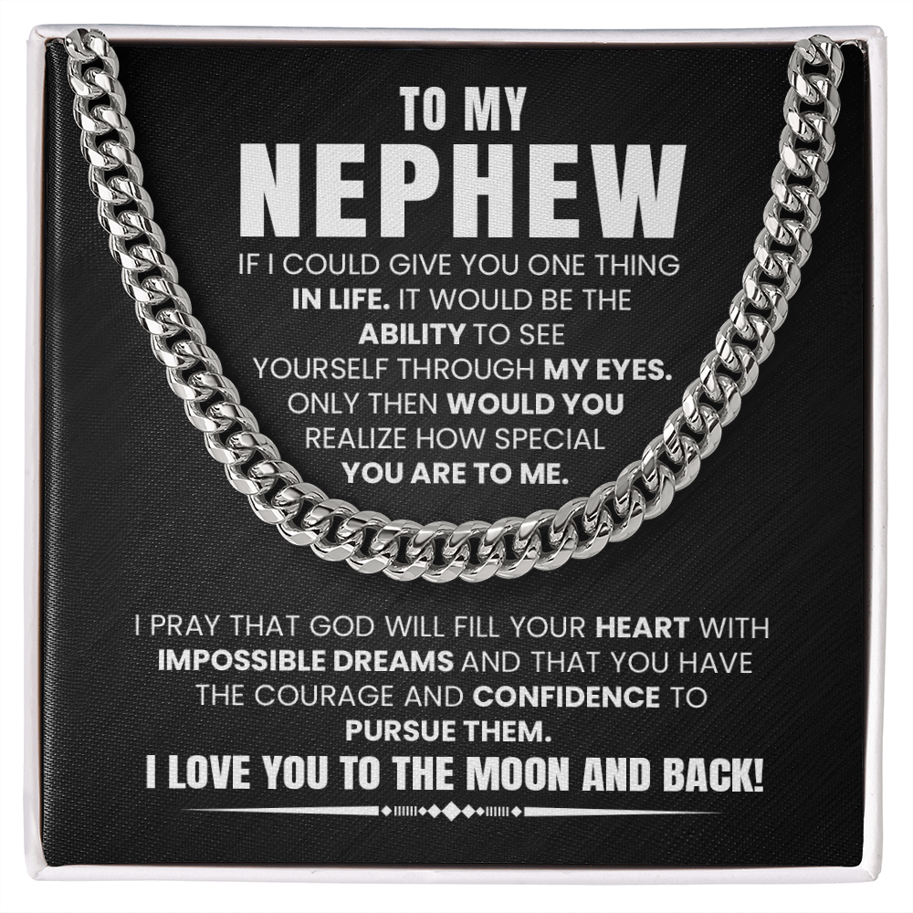 Cuban chain necklace with 'To My Nephew' message card, perfect birthday or graduation gift from an aunt or uncle.