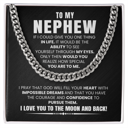 Cuban chain necklace with 'To My Nephew' message card, perfect birthday or graduation gift from an aunt or uncle.