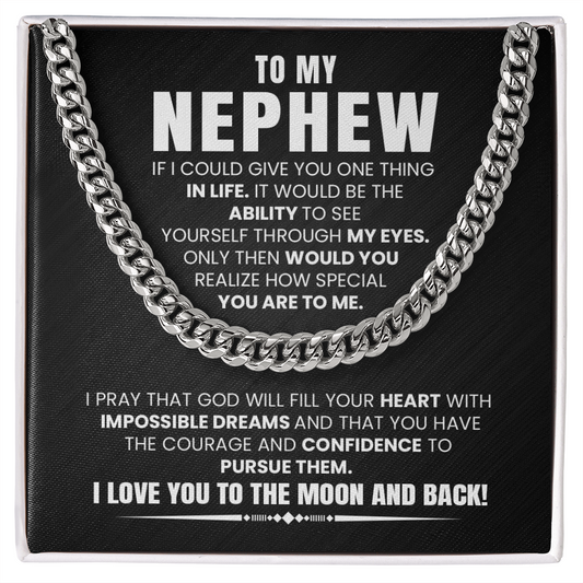 Cuban chain necklace with 'To My Nephew' message card, perfect birthday or graduation gift from an aunt or uncle.
