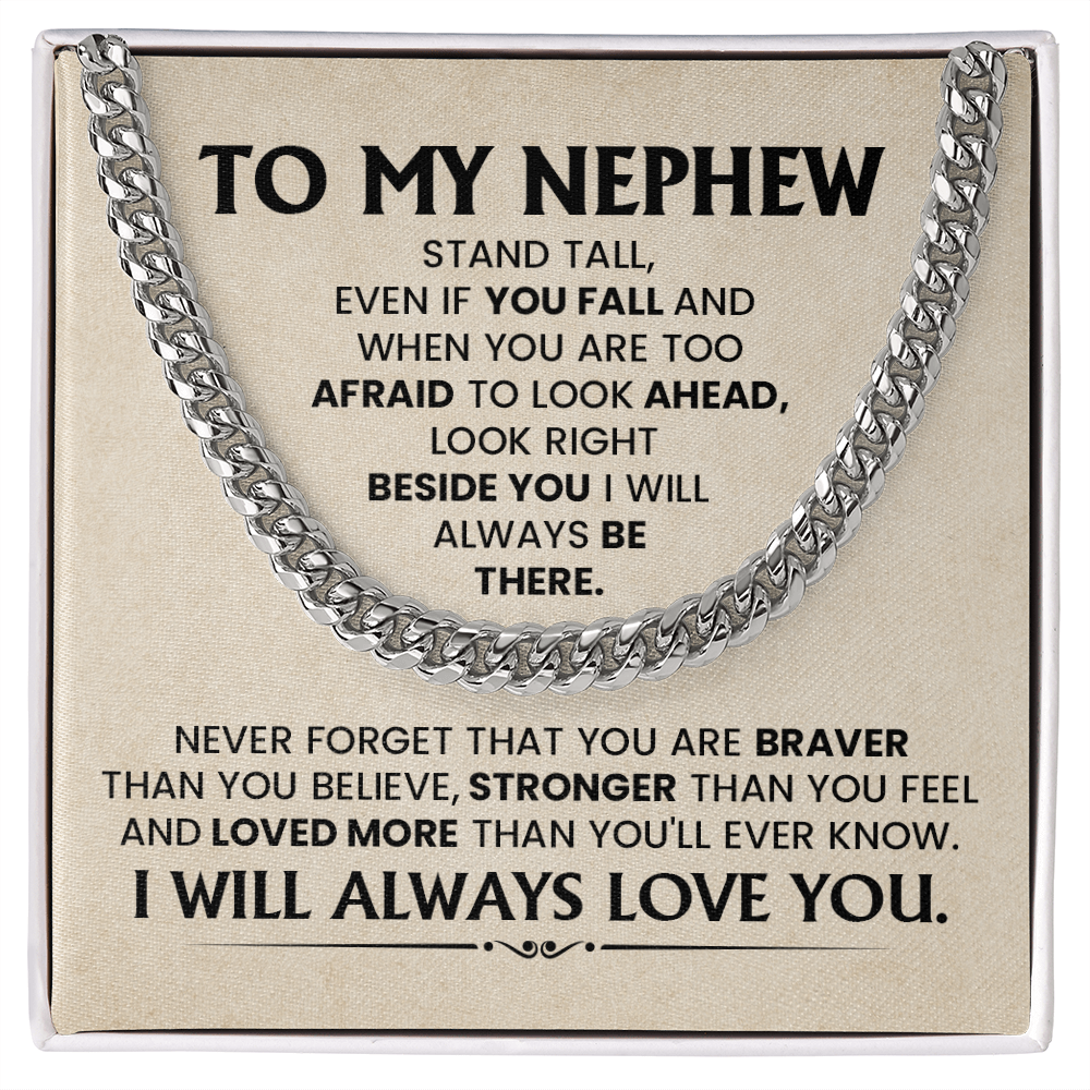 Cuban chain necklace gift for nephew with message card expressing love, strength, and encouragement from aunt or uncle