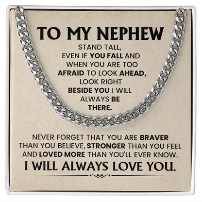 Cuban chain necklace gift for nephew with message card expressing love, strength, and encouragement from aunt or uncle