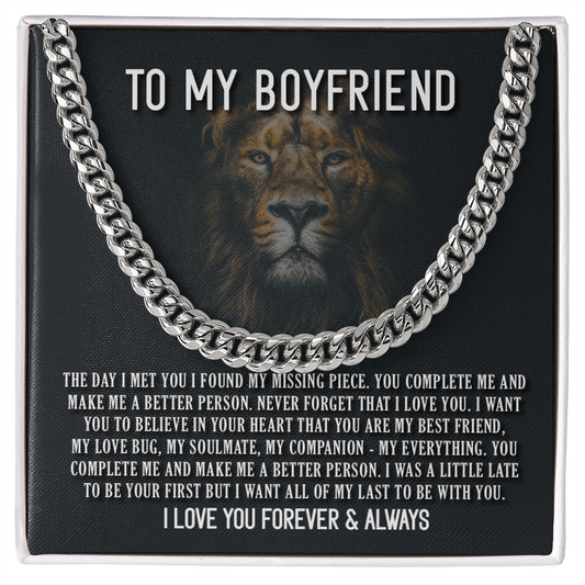 Romantic gift Cuban Link Chain Necklace with lion design and heartfelt message for boyfriend, perfect for birthdays and holidays.