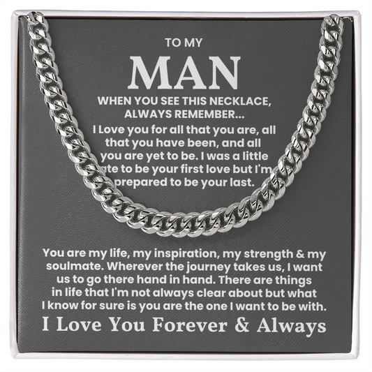 Cuban Link Chain Necklace on card with loving message, perfect gift for your man, available in stainless steel or 14K gold, adjustable.