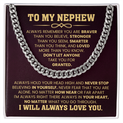 Cuban chain necklace for nephew with a heartfelt message card from aunt or uncle, celebrating strength and love.