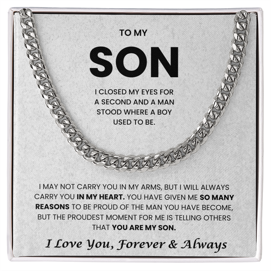 Gift box with Cuban Link Chain and heartfelt message for son, perfect for birthdays and holidays, in stainless steel or 14K gold.
