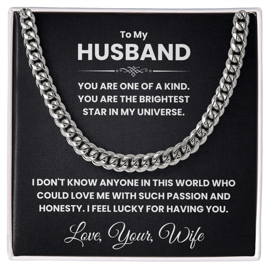 Cuban link chain necklace with sentimental message for husband, gift from wife highlighting love and passion, polished style.