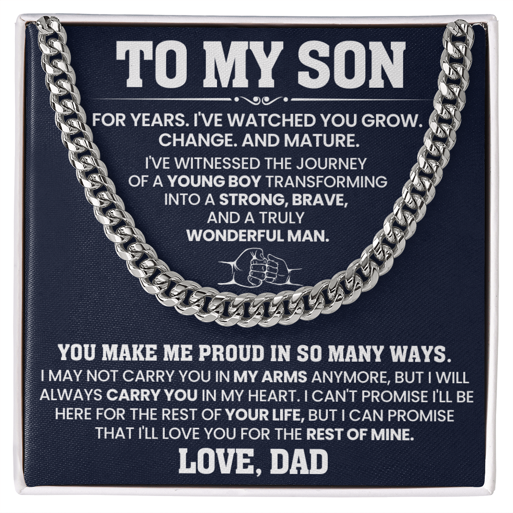 Sentimental 'To My Son' message with Cuban link chain gift from Dad, ideal for birthdays and special occasions.