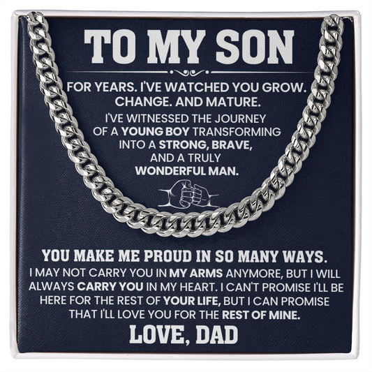 Sentimental 'To My Son' message with Cuban link chain gift from Dad, ideal for birthdays and special occasions.