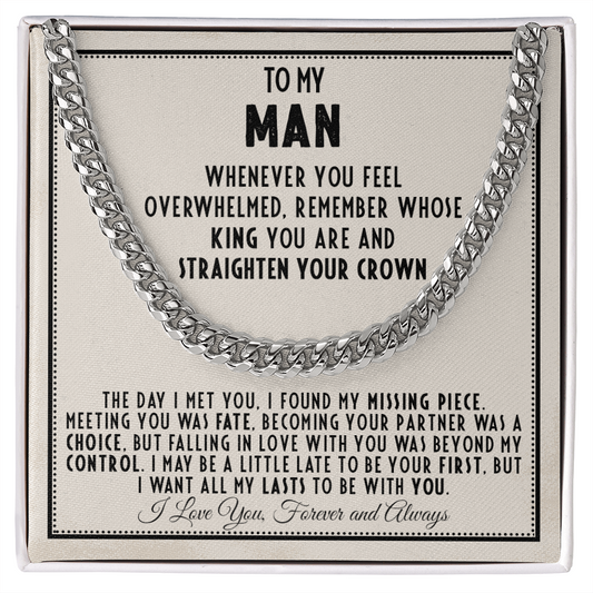 Cuban Link Chain Necklace with message card 'To My Man - Straighten Your Crown' in box, perfect gift for strength and style.