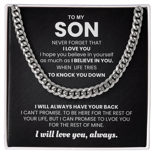 Cuban Link Chain Gift Set with Inspirational Message for Son - "I Will Love You Always"