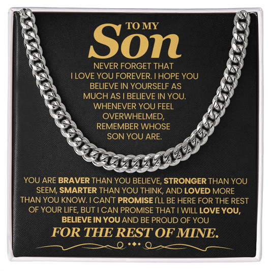 Cuban link chain gift for son with inspirational message from dad, perfect for birthdays, graduations, or keepsakes.