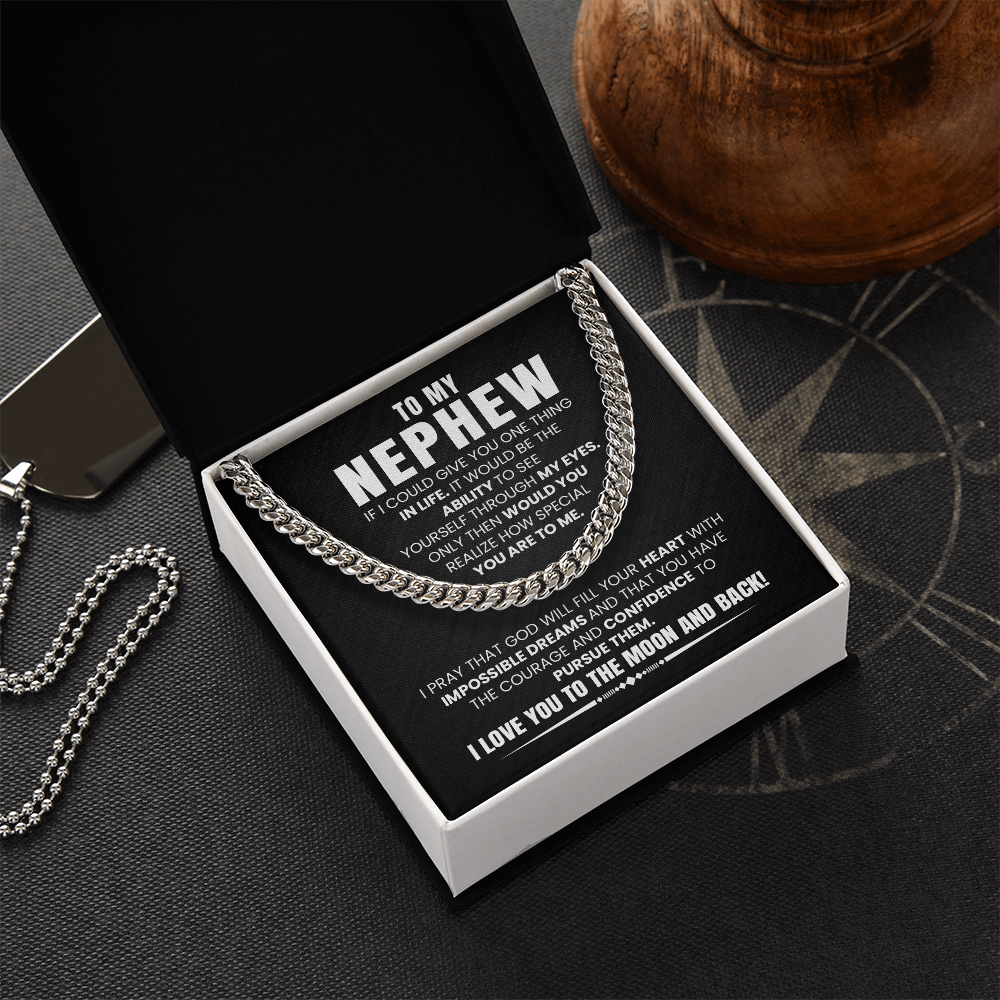 Cuban chain necklace in gift box with 'To My Nephew' message card, perfect birthday or graduation gift from aunt or uncle, emphasizing love and encouragement.