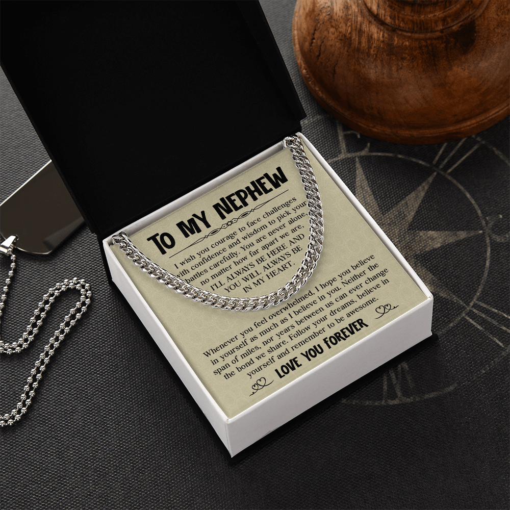 Cuban chain necklace gift for nephew with a heartfelt message card from aunt or uncle, encouraging and celebrating his growth and courage.