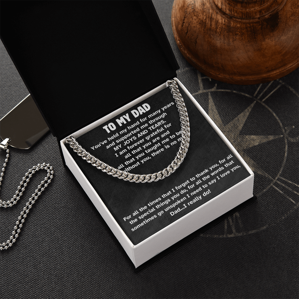 Cuban link chain necklace in gift box with 'To My Dad' message card on black background.