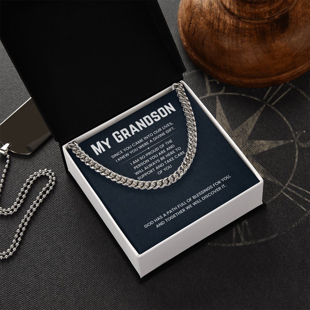 Cuban Link Chain Necklace for Grandson with Blessings Message in Gift Box