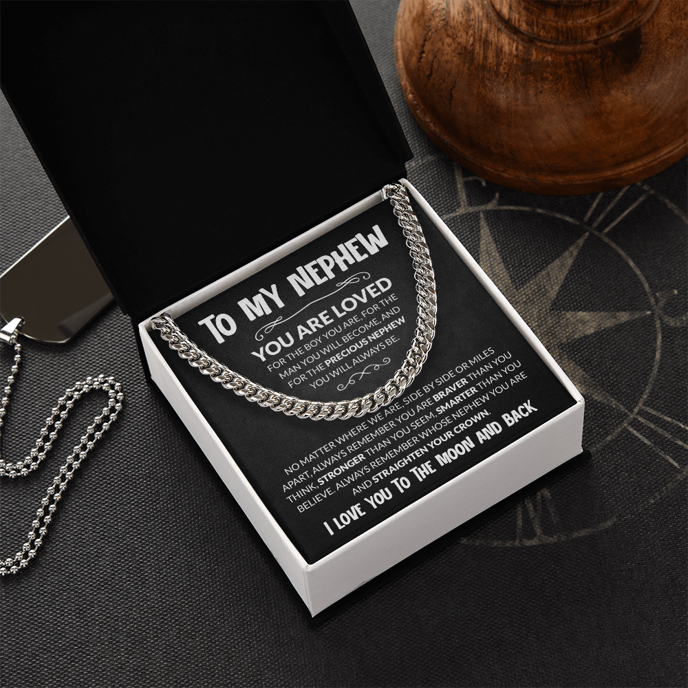 Cuban chain necklace gift for nephew with touching message card from aunt or uncle, perfect for birthday or graduation.