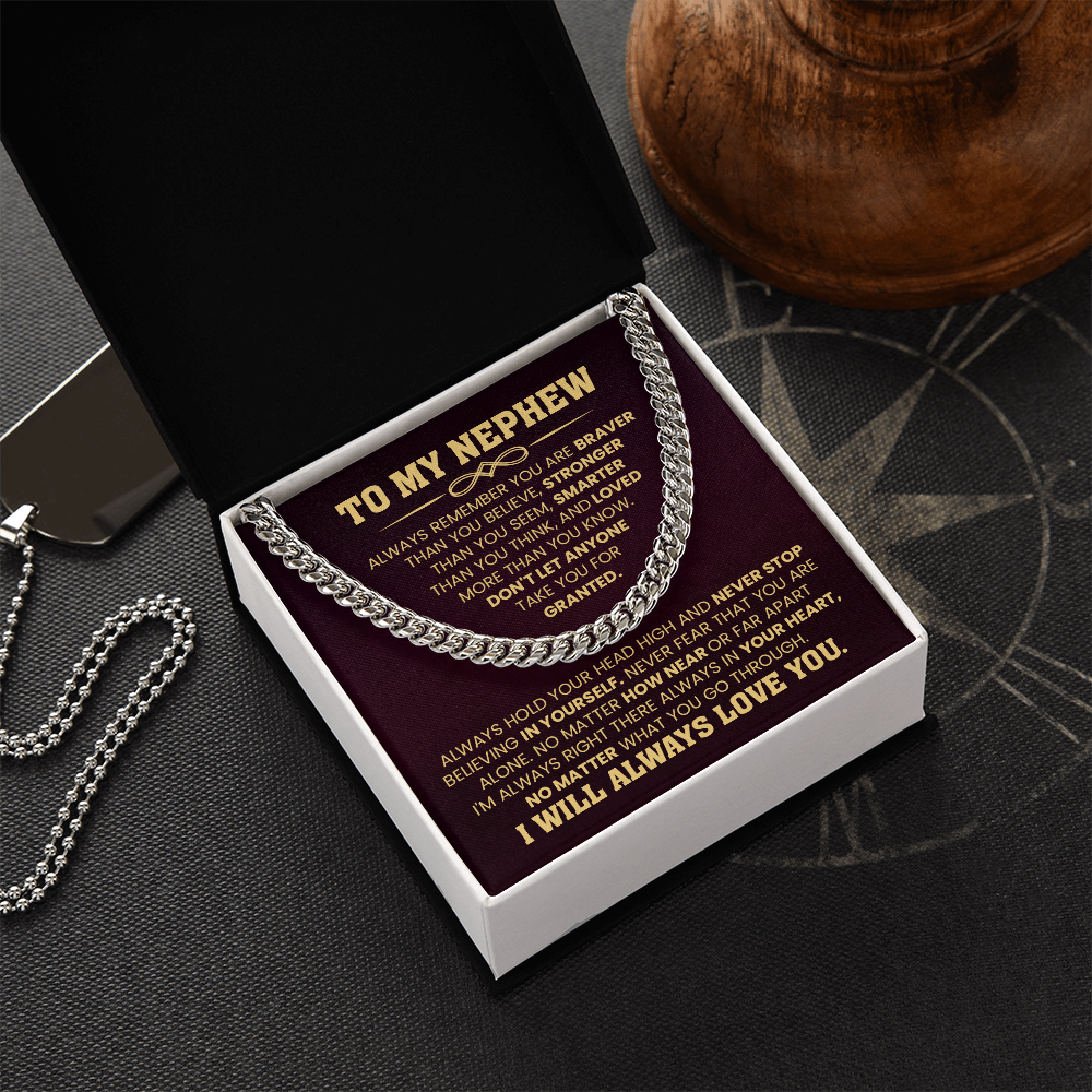 Gift box with Cuban chain necklace and 'To My Nephew' message card, ideal for birthday or graduation gift from an aunt or uncle.