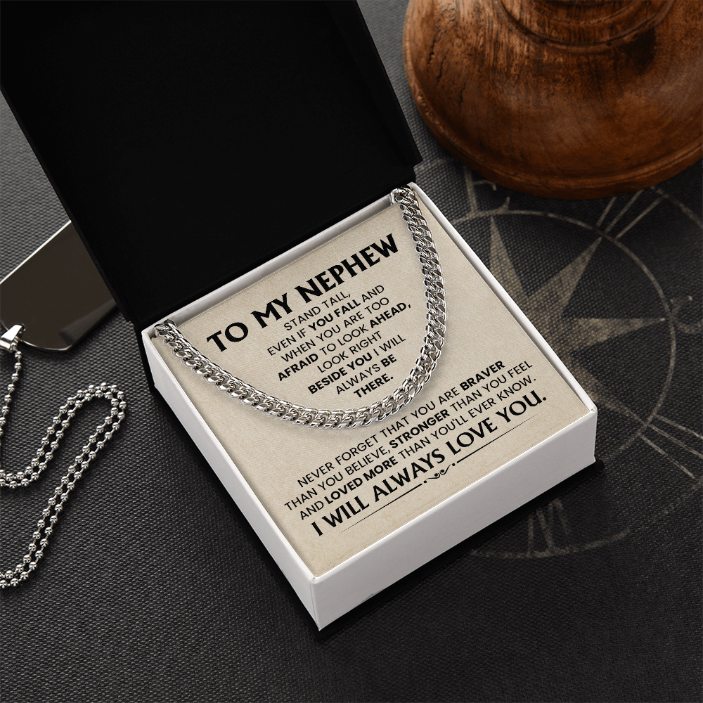 Cuban chain necklace for nephew with heartfelt message card, ideal birthday or graduation gift from aunt or uncle.