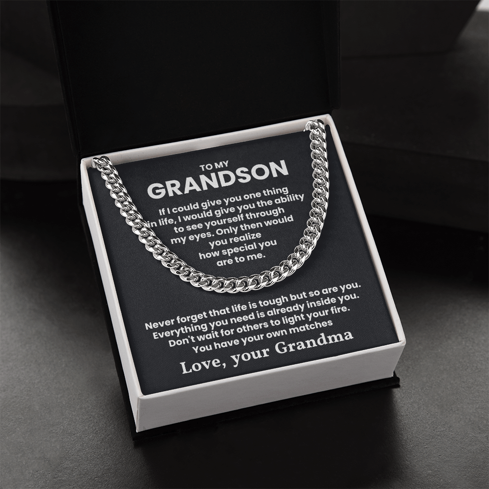 Cuban link chain necklace for grandson in gift box with heartfelt message from Grandma about strength and lighting one's own fire.