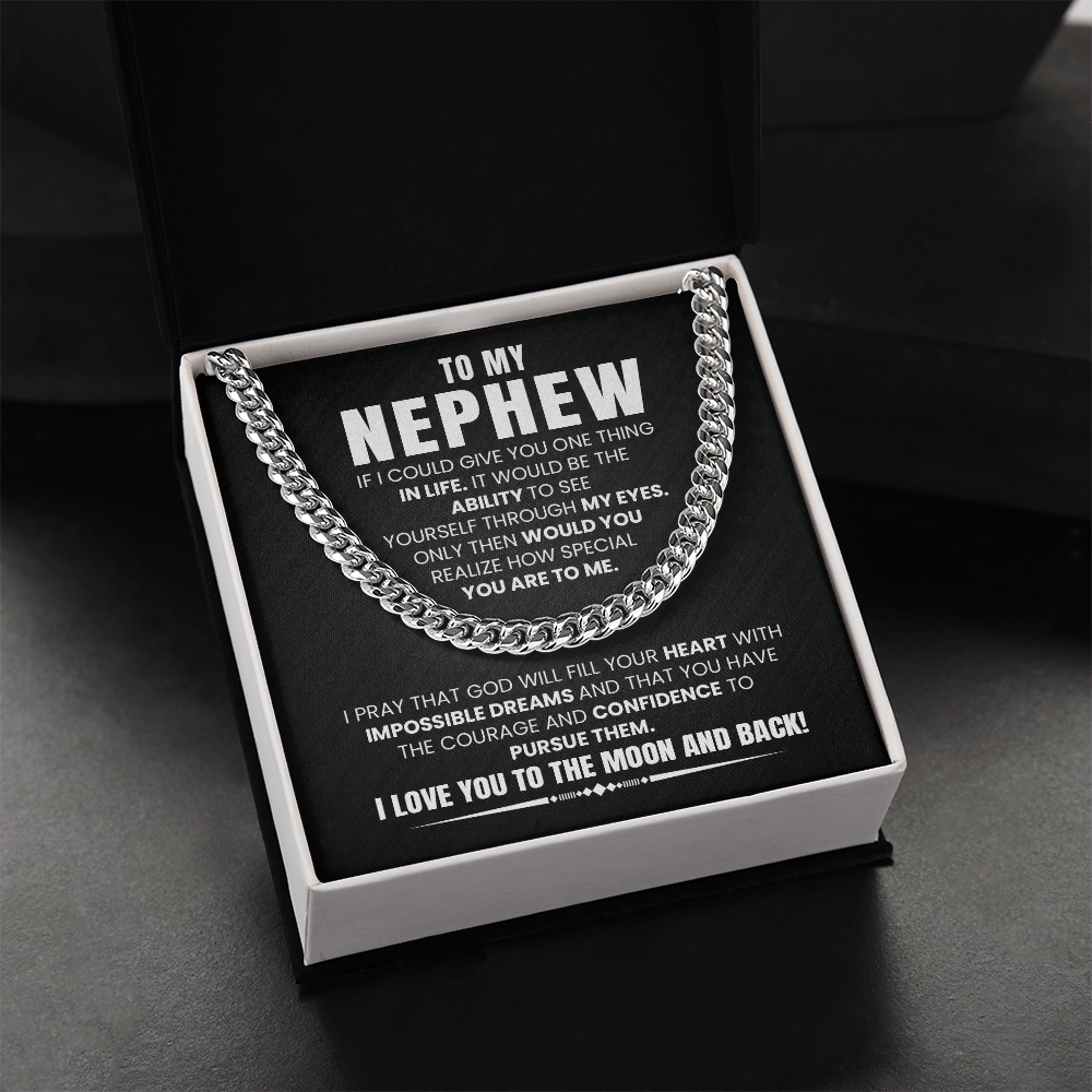 Cuban chain necklace for nephew with heartfelt message card, perfect gift from aunt or uncle for birthday or graduation.