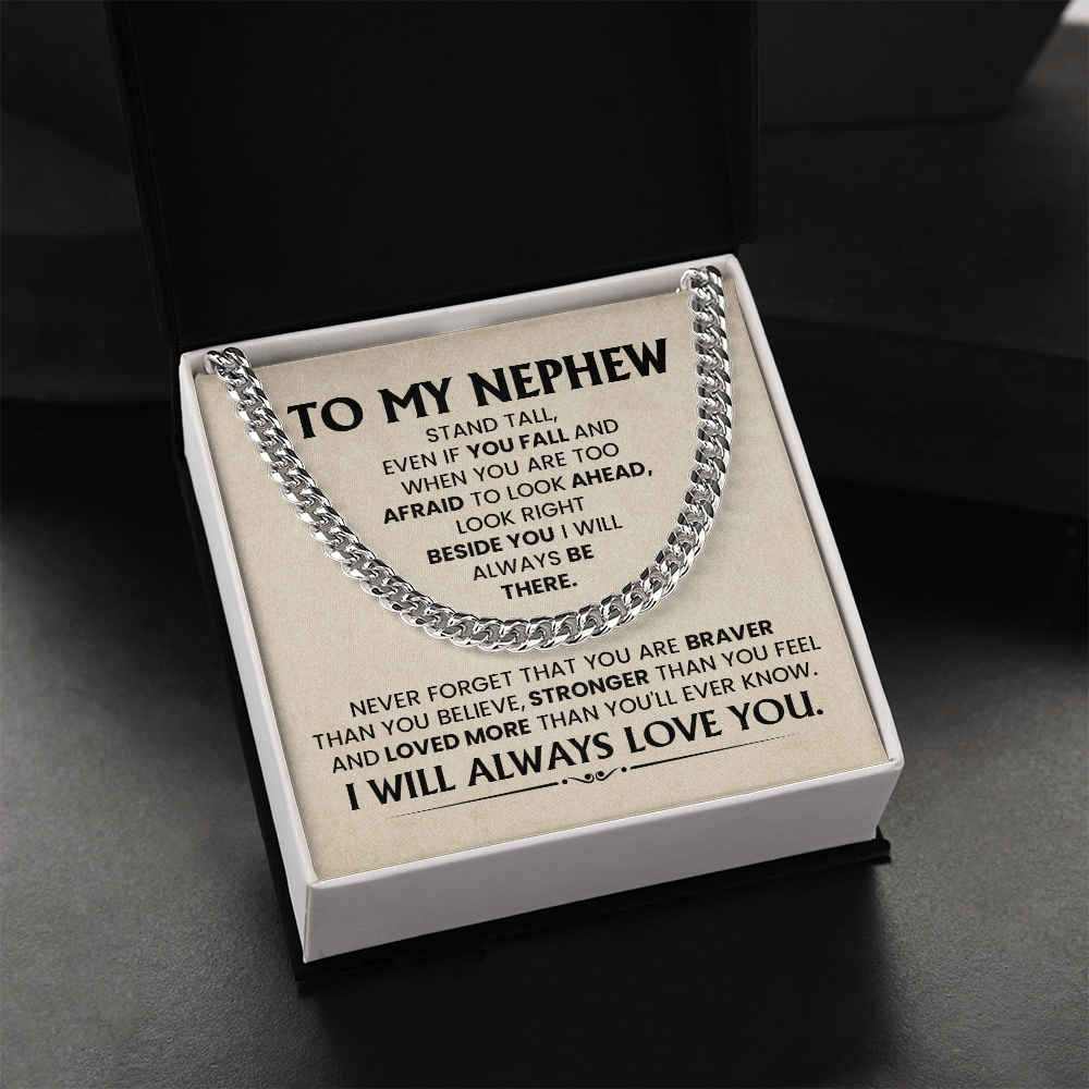 Cuban chain necklace gift for nephew with heartfelt message from aunt or uncle, perfect for birthday or graduation.