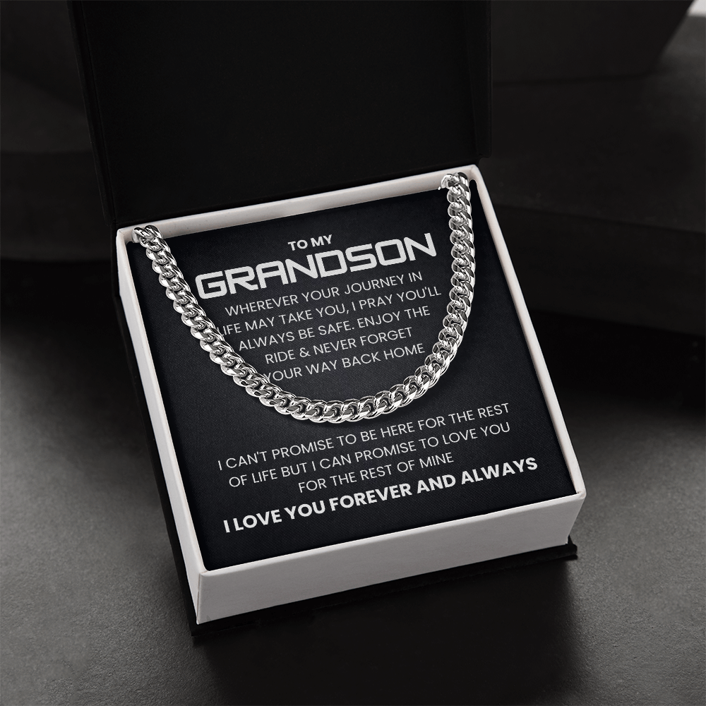 Cuban link chain necklace in gift box with heartfelt 'To My Grandson' message, perfect gift for birthdays and special occasions.