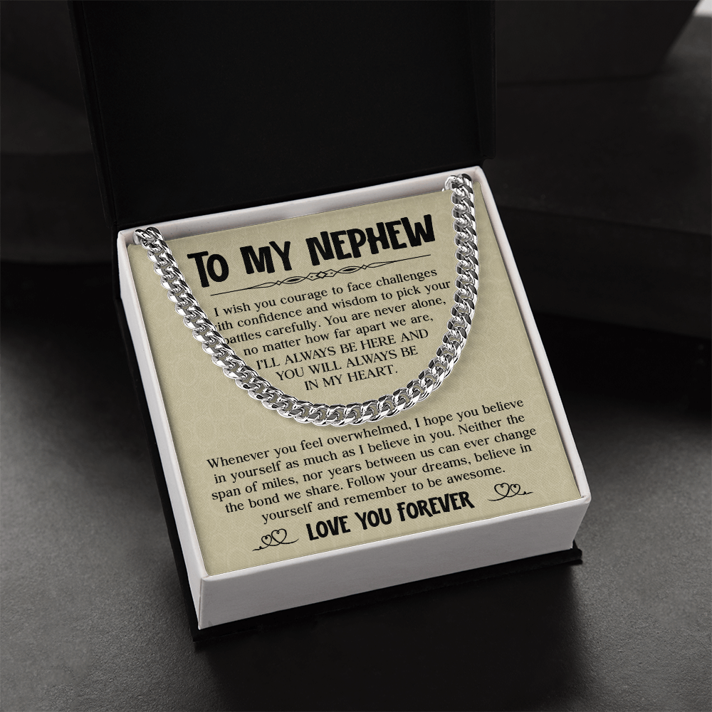 Cuban chain necklace with 'To My Nephew' message card, perfect birthday or graduation gift from aunt or uncle, symbolizing love and strength.