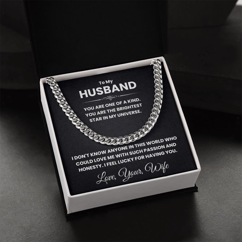 Cuban Link Chain Necklace on velvet display with heartfelt message engraved for special occasions like birthdays or holidays.