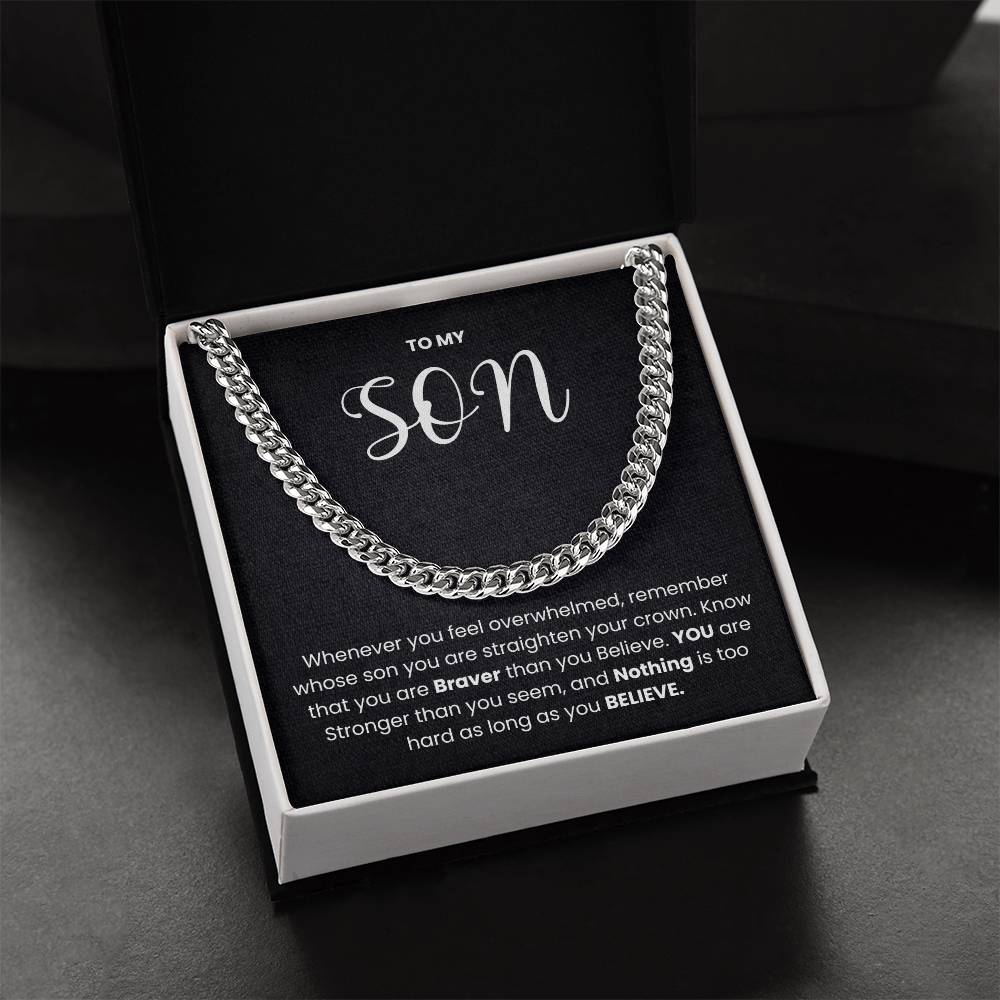 Alt Tag: Elegant Cuban link chain necklace in gift box with inspiring message for son, perfect for any occasion.