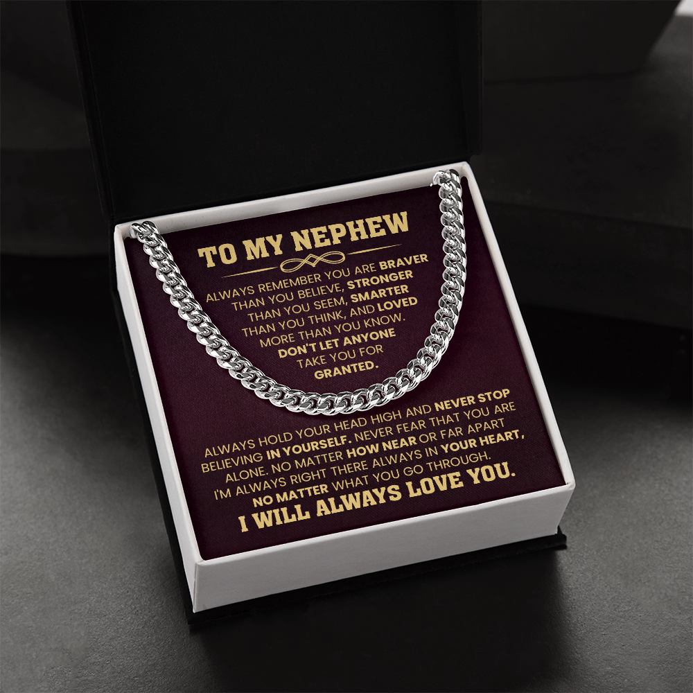 Cuban chain necklace gift for nephew with heartfelt message card, perfect for birthday and graduation from aunt or uncle.