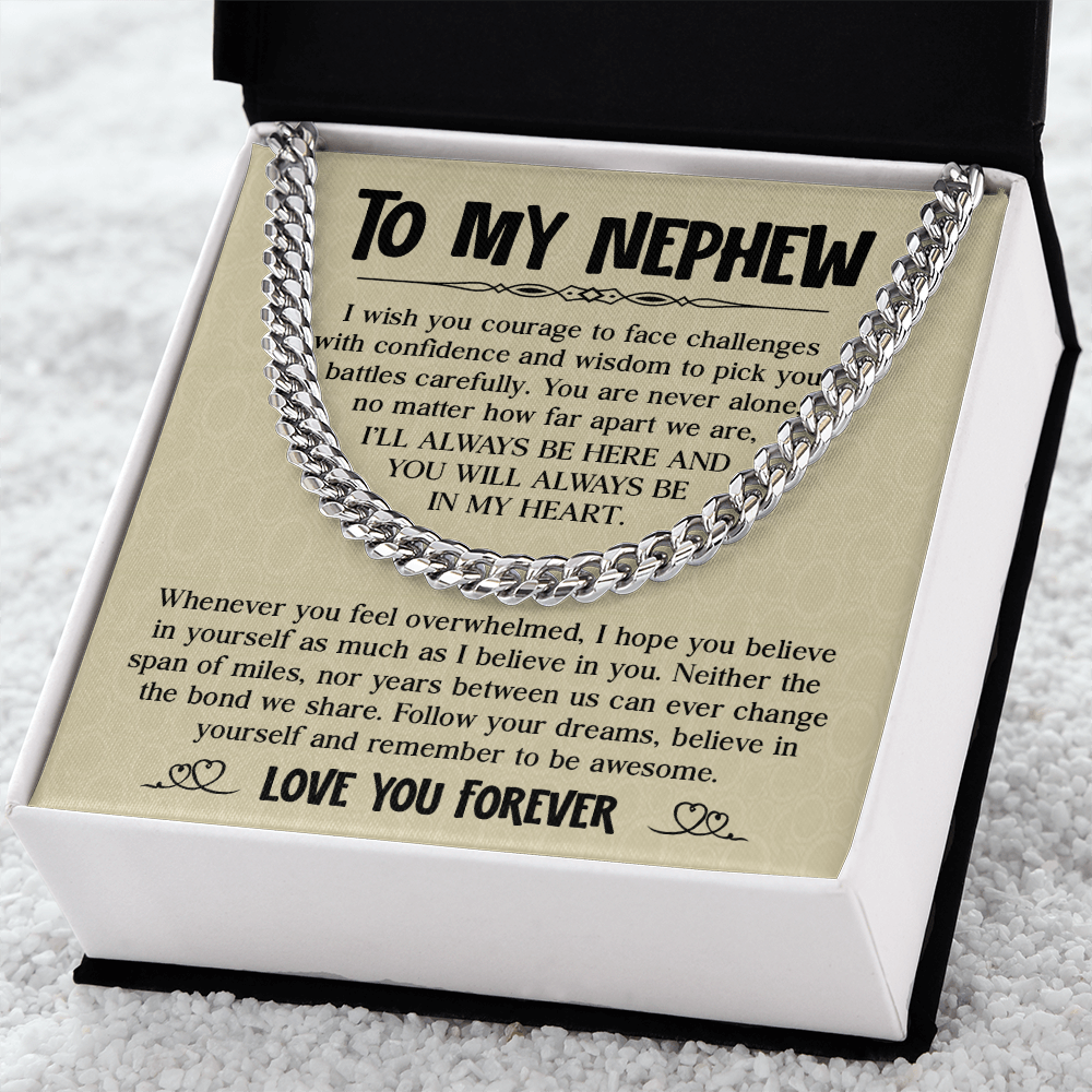 Cuban chain necklace in gift box with heartfelt message card for nephew's birthday or graduation from aunt or uncle.
