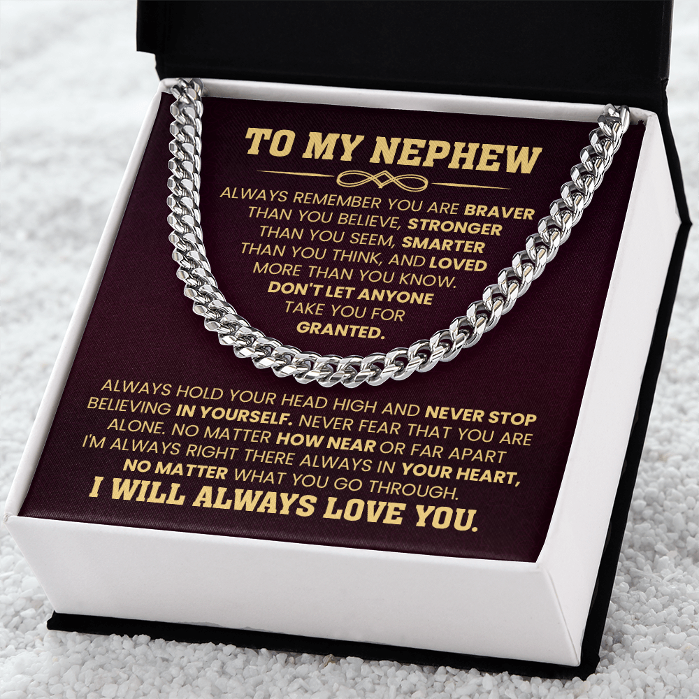 Cuban chain necklace gift for nephew with 'To My Nephew' message card, expressing love and encouragement for birthday or graduation.