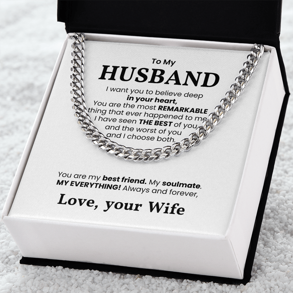 Cuban link chain necklace for husband with sentimental message from wife, perfect gift for any occasion.