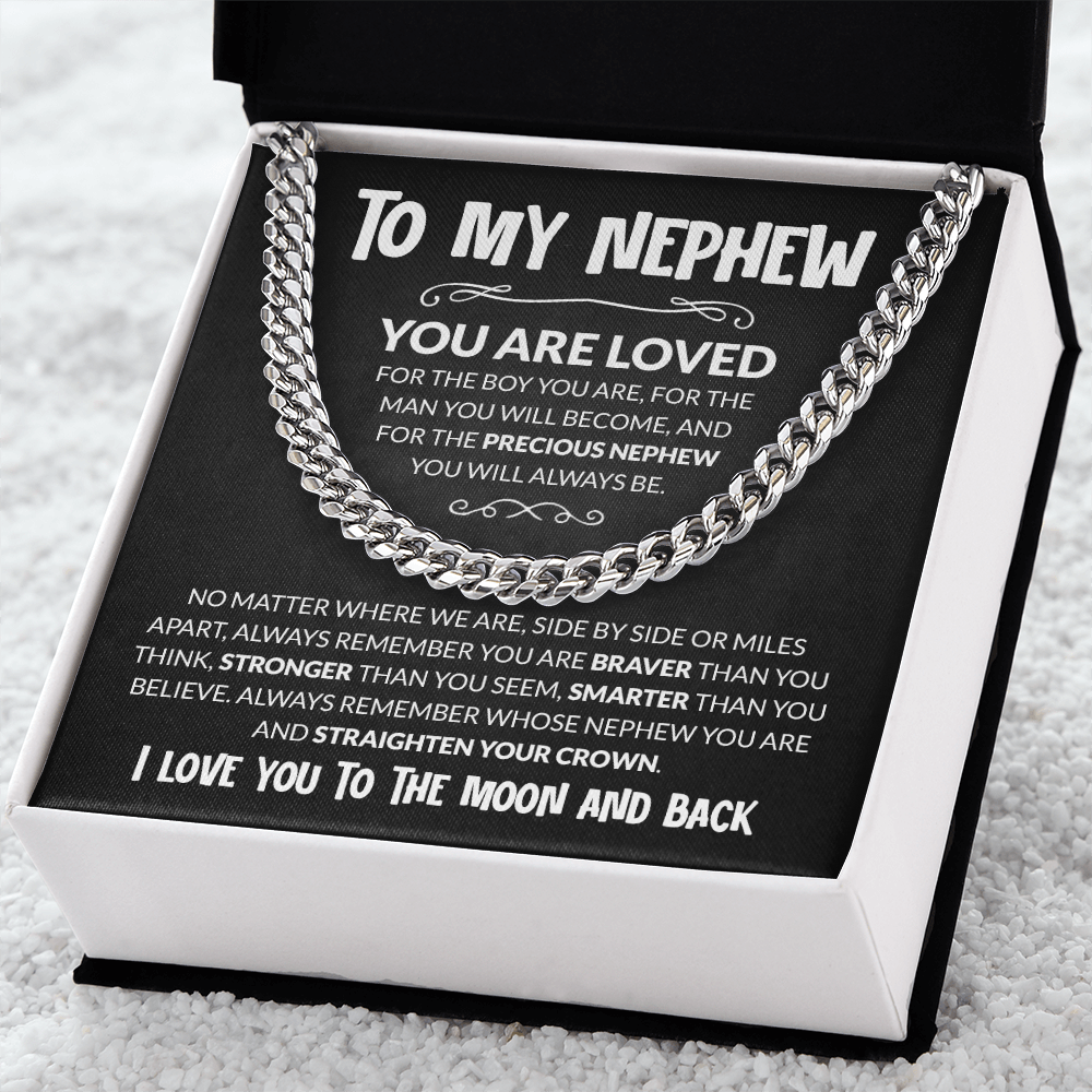 Cuban chain necklace in gift box with a heartfelt message card for nephew, expressing love and pride from aunt or uncle.