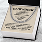 Cuban chain necklace in gift box with a heartfelt message card for nephew, ideal birthday or graduation gift from aunt or uncle.