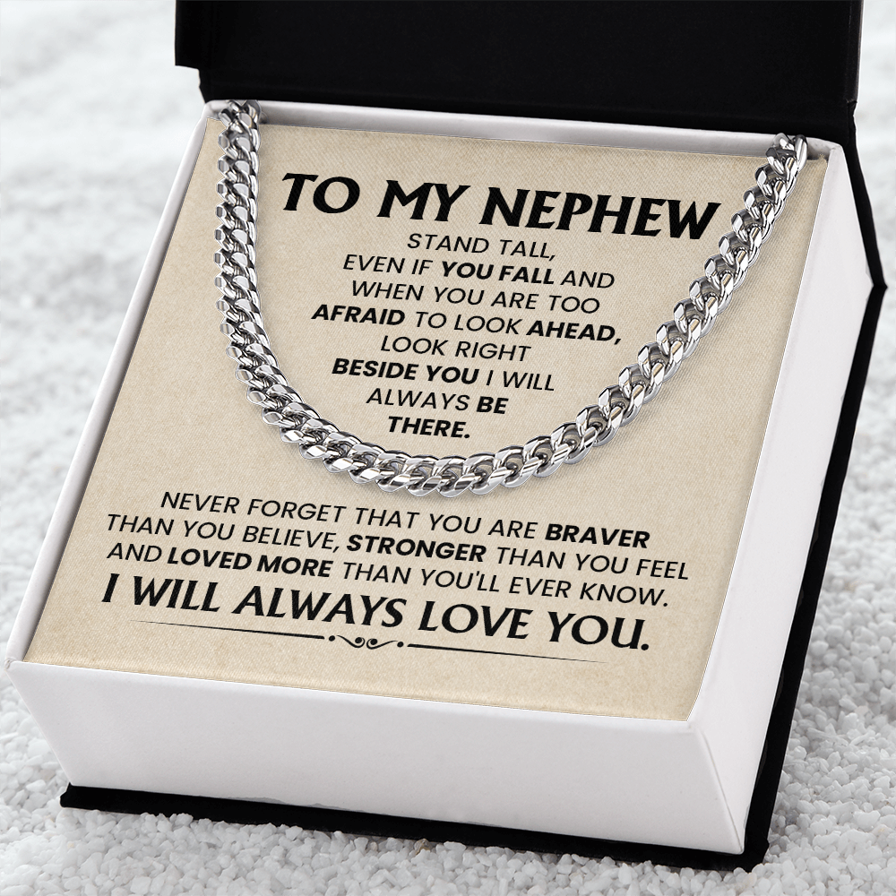 Cuban chain necklace in gift box with a heartfelt message card for nephew, ideal birthday or graduation gift from aunt or uncle.
