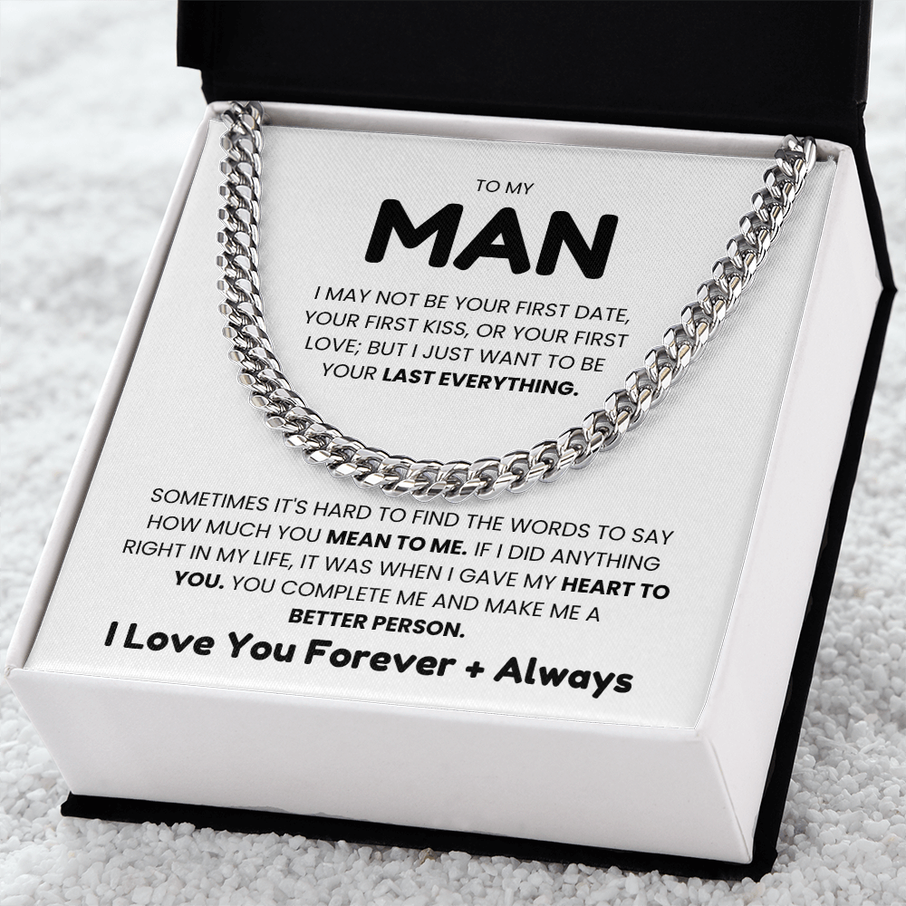 Cuban link chain necklace in gift box with romantic message, ideal for birthdays and holidays, available in stainless steel or 14K gold.